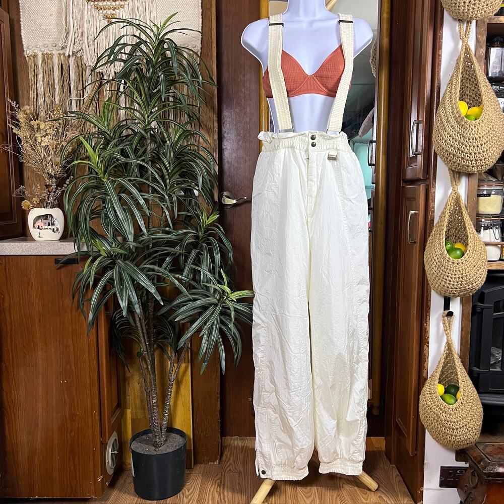 Vintage 80s Ossi Skiwear Womens M White Ski Bib Snow Pants Convertible Insulated